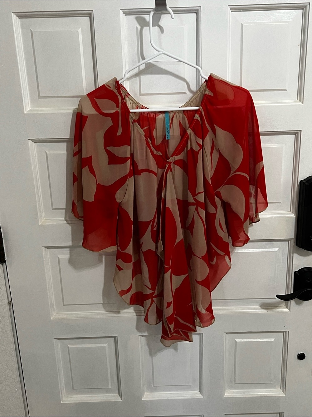 Red & Cream Sheer Flutter Sleeve Blouse